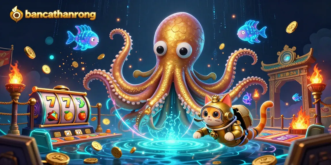 Bancathanrong showcases a thrilling scene with a diving cat and kraken in an exciting slot game adventure.