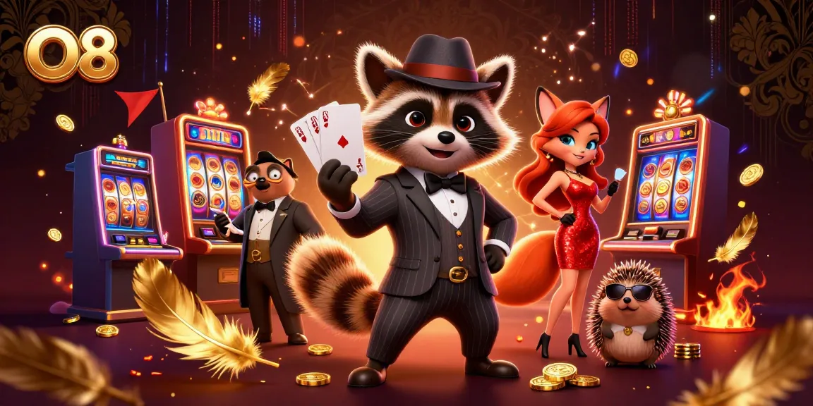 O8 offers thrilling gaming experiences with a raccoon and fox in a vibrant casino scene.