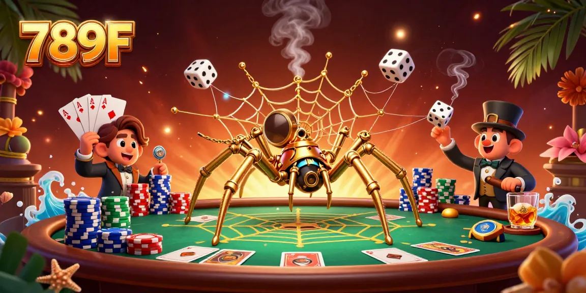 Engage with exciting games at 789F's vibrant casino scene featuring a steampunk spider and poker action.
