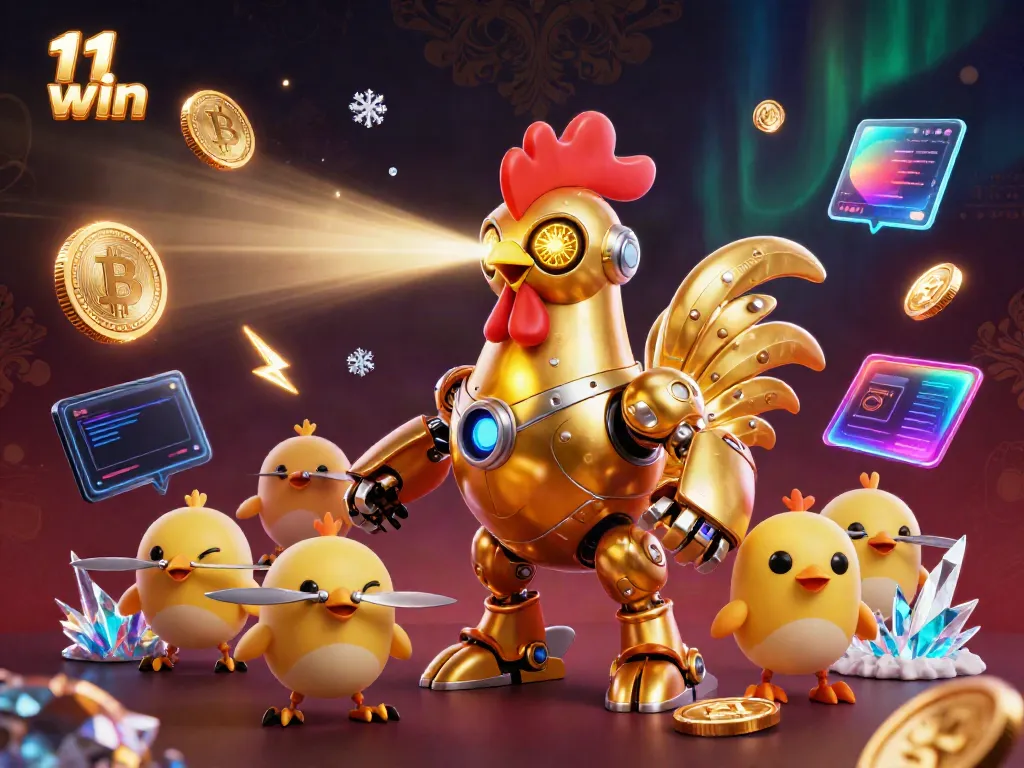 Experience thrilling gaming action with the "11 win" scene featuring cartoon robots and crypto coins.