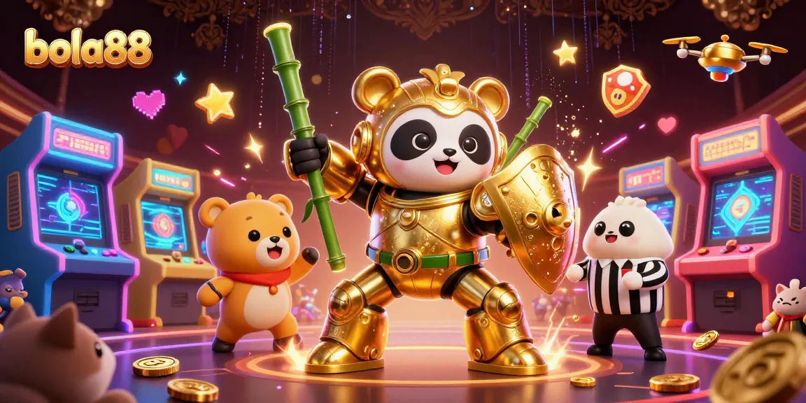 Bola88 hadir dengan karakter panda emas berkostum tempur di arena taruhan mewah.