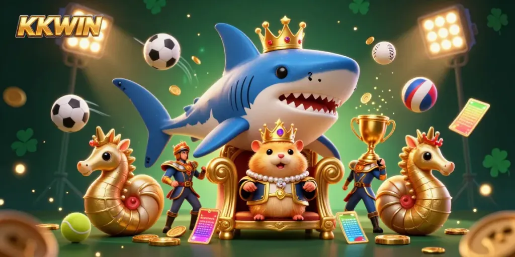 Experience the thrill of KKWIN with a dynamic 3D scene featuring a golden hamster king among vibrant casino elements.