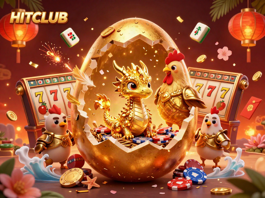 Join the excitement at HITCLUB with a golden egg revealing a dragon and poker chips in a vibrant casino scene.
