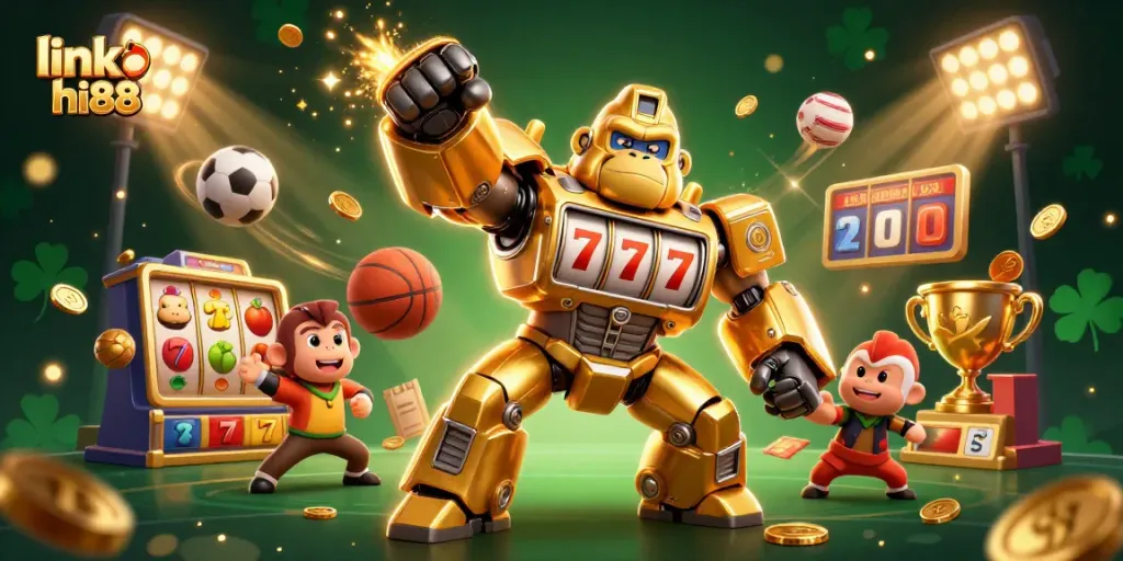 Spin the reels at link hi88 with a thrilling 3D gaming scene featuring a golden mech and sports elements.