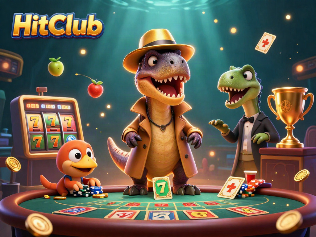 HitClub showcases a velociraptor card counter and a stegosaurus pit boss in a busy casino scene.