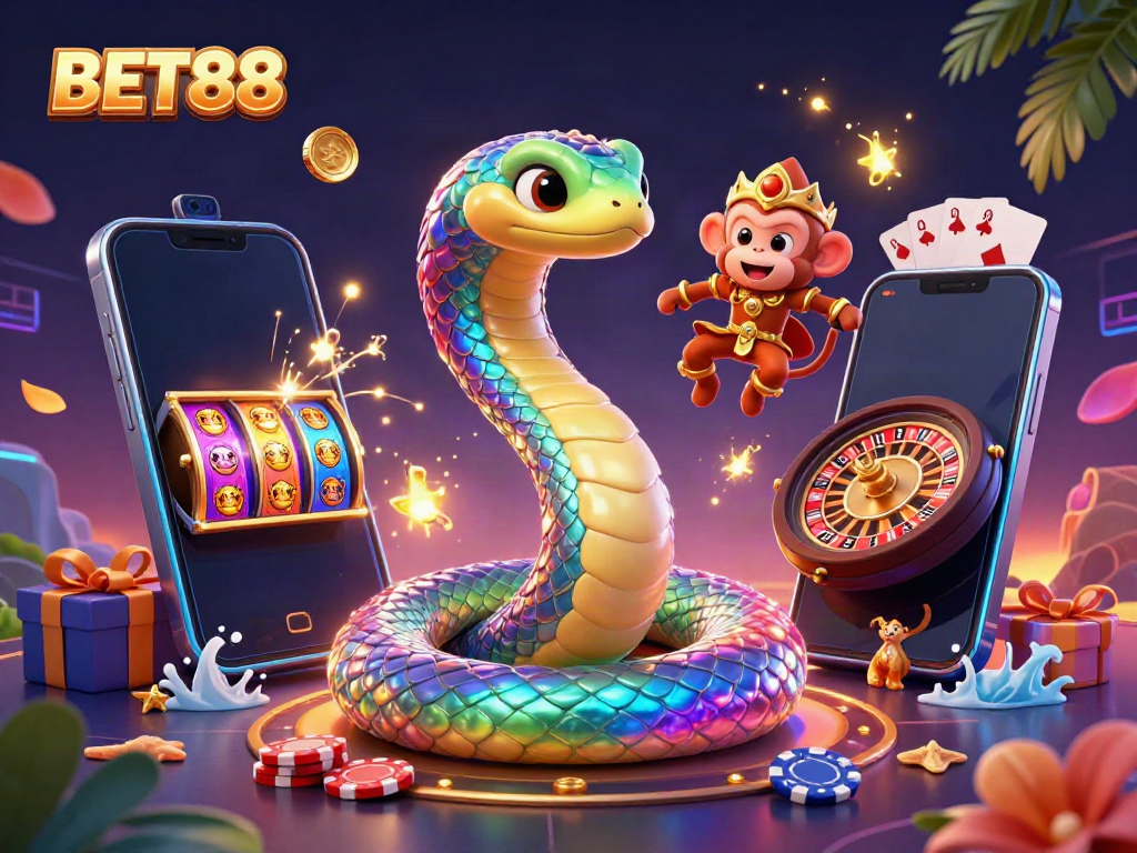 BET88’s vibrant online gaming experience illustrated with dynamic characters and casino elements.