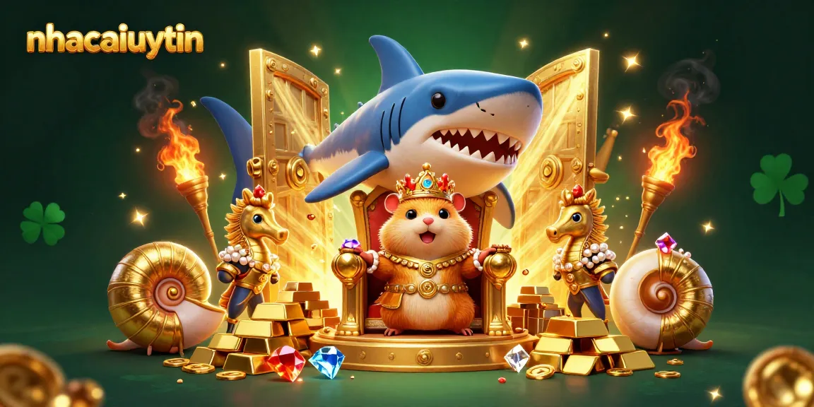 Experience thrilling wins at nhacaiuytin with shimmering treasures and a golden hamster king in a vibrant casino scene.