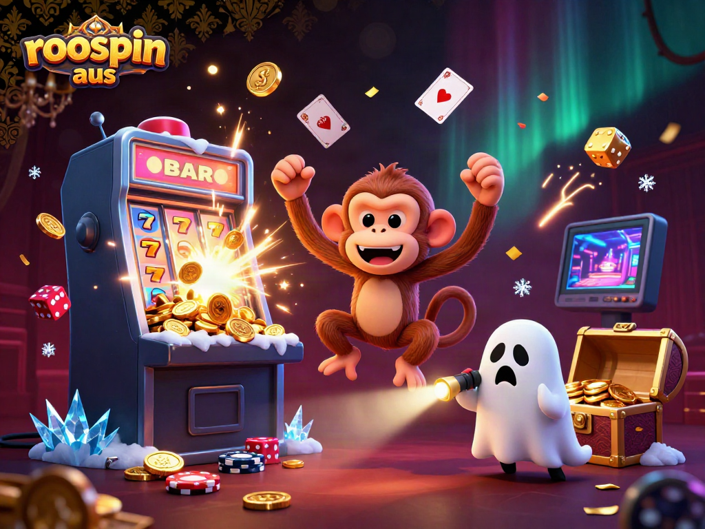 Experience a lively scene of roospin aus with a playful ghost monkey and a puppy in a haunted casino.