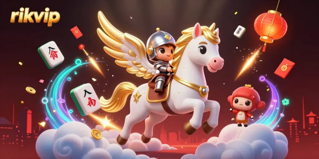 Experience thrilling gameplay with rikvip, featuring a celestial horse and festive casino elements.