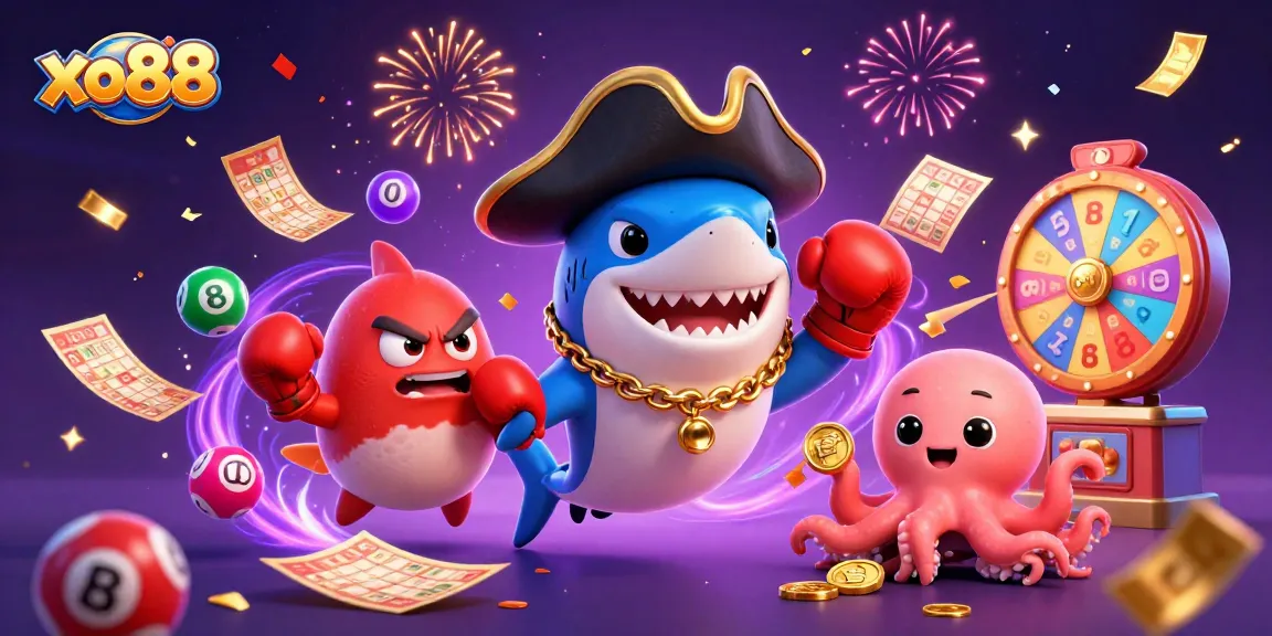 Experience excitement with xo88's vibrant casino illustration featuring playful characters and lively game elements.