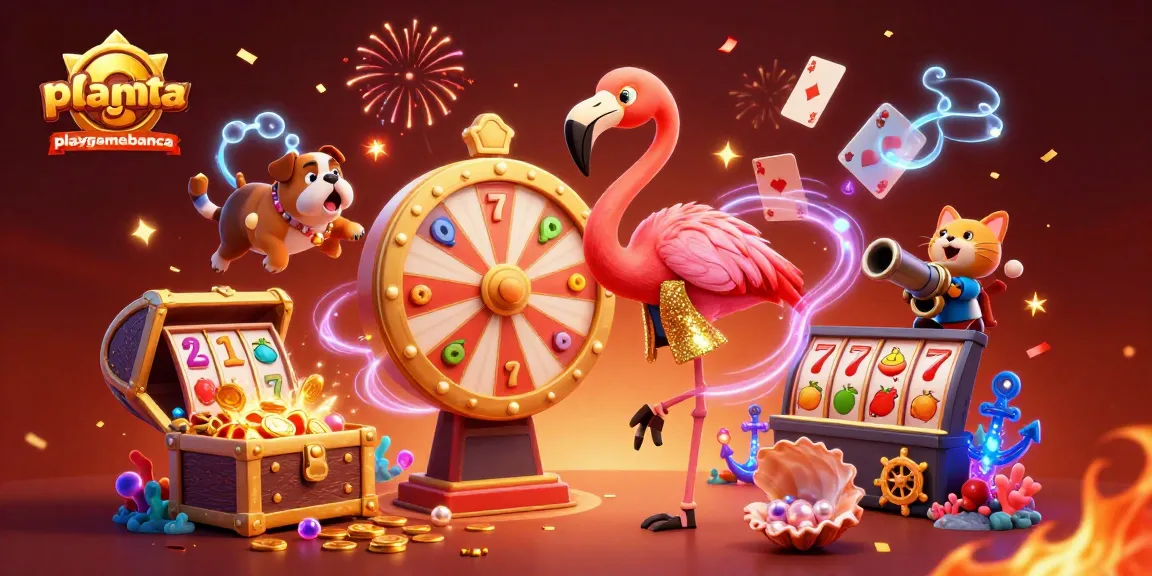 Engage with playgamebanca's exciting prizes in a vibrant 3D casino-themed illustration featuring a golden prize wheel.