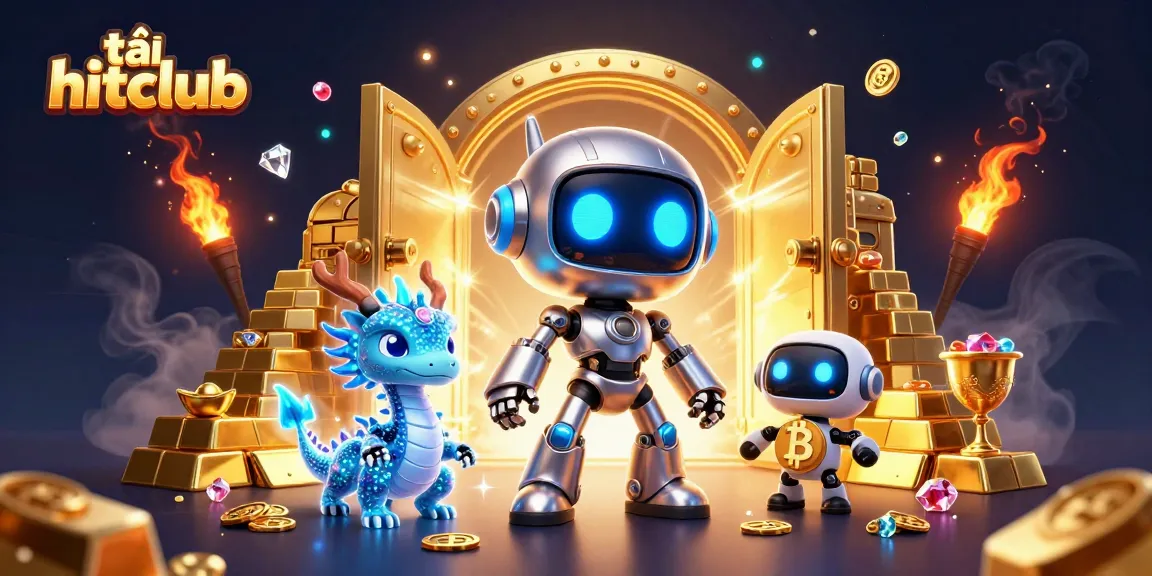Win big with tải hitclub in this vibrant 3D casino scene featuring treasure and futuristic characters.