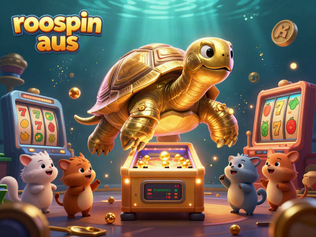 Experience the excitement of 'roospin aus' with vibrant slot symbols and a dynamic tortoise pinball machine.