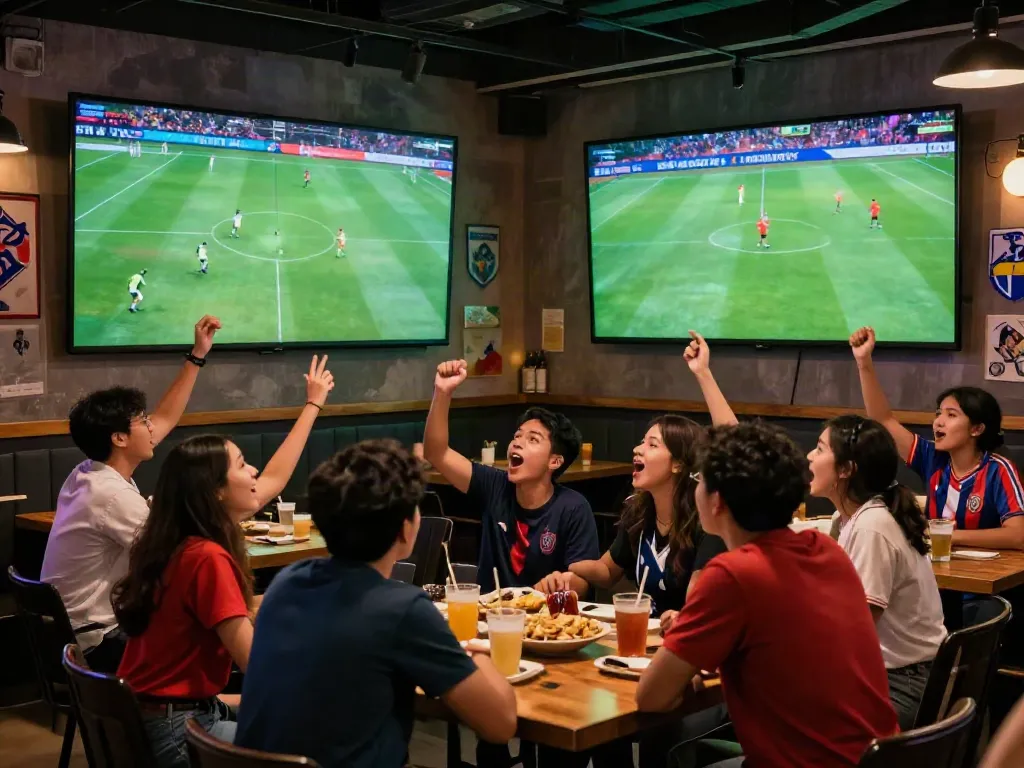 Thapcamtv fans enjoying a thrilling live football match in a vibrant sports bar.