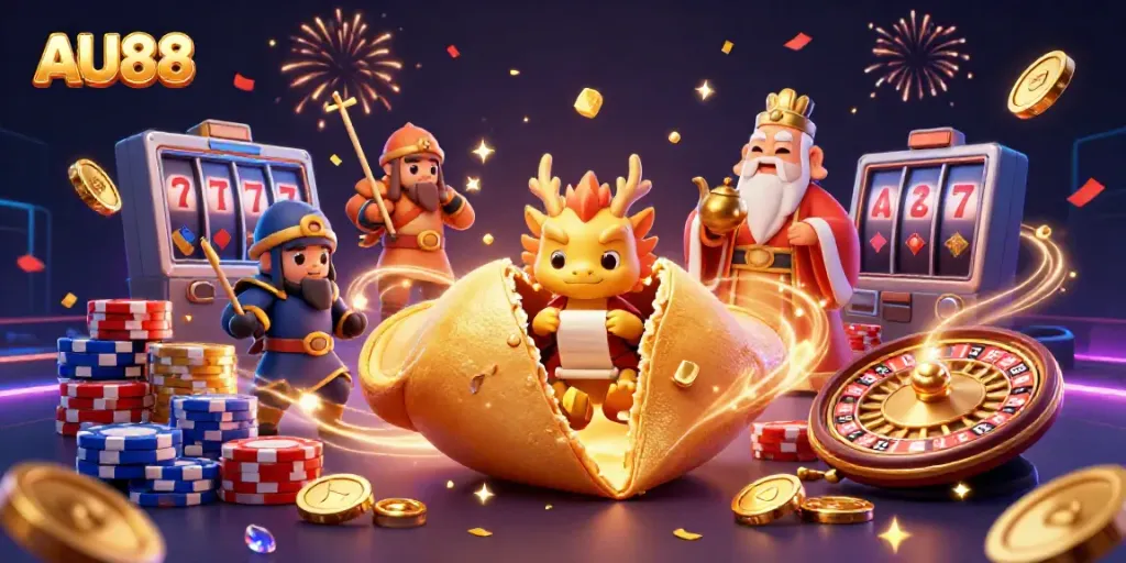 Engage with AU88, where a wise dragon reveals fortunes inside a fortune cookie amidst a vibrant casino scene.