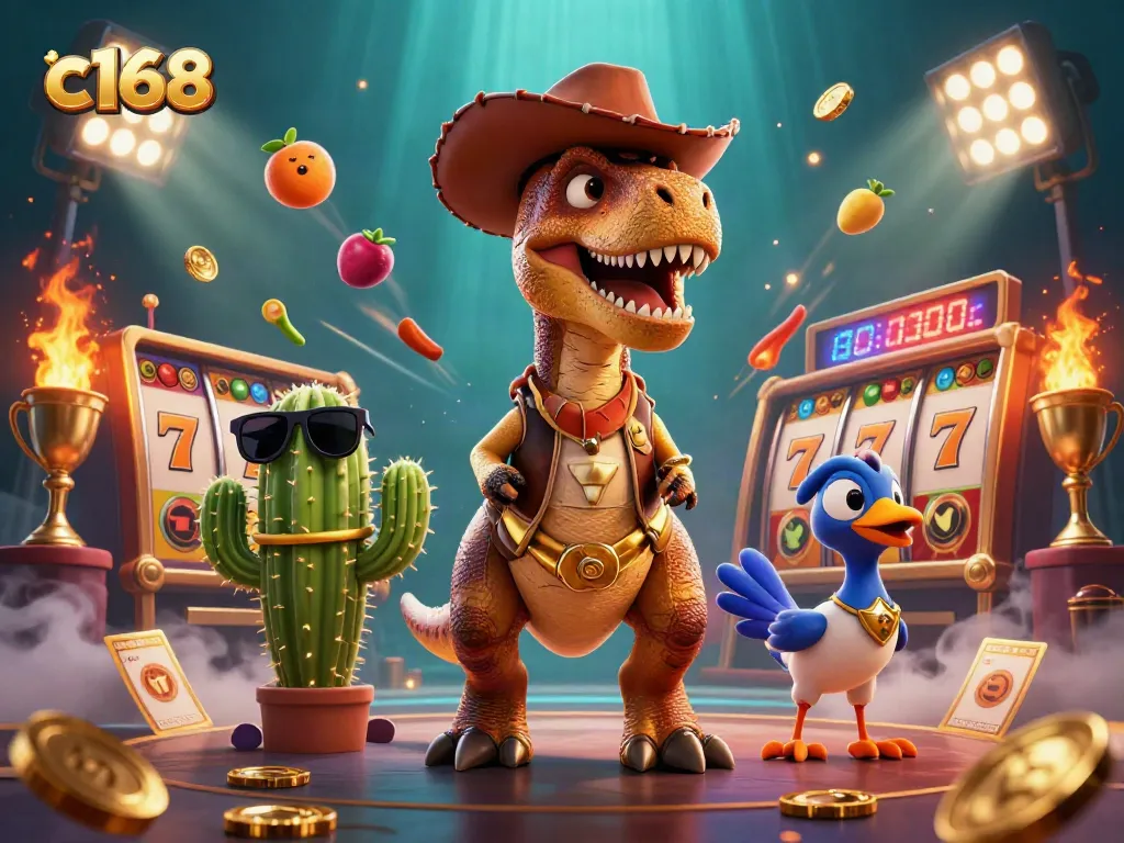 Experience the excitement of c168 slots with a cartoon T-Rex and friends amidst gold coins and jackpots.
