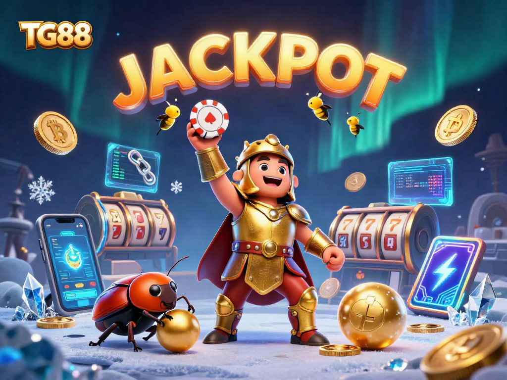 TG88 illuminates a thrilling jackpot atmosphere featuring epic casino characters and glowing crypto elements.