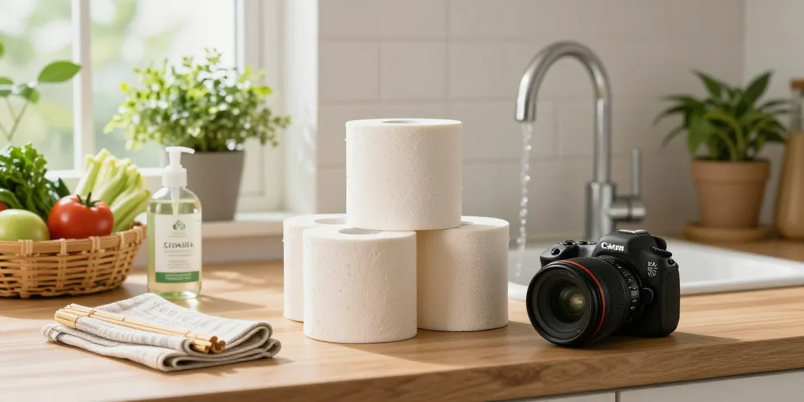 Bamboo toilet roll displayed in an eco-friendly kitchen setting with natural light and greenery.