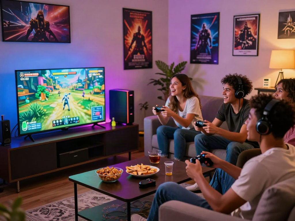 Group enjoying an adult game night with controllers and snacks in a cozy gaming room.