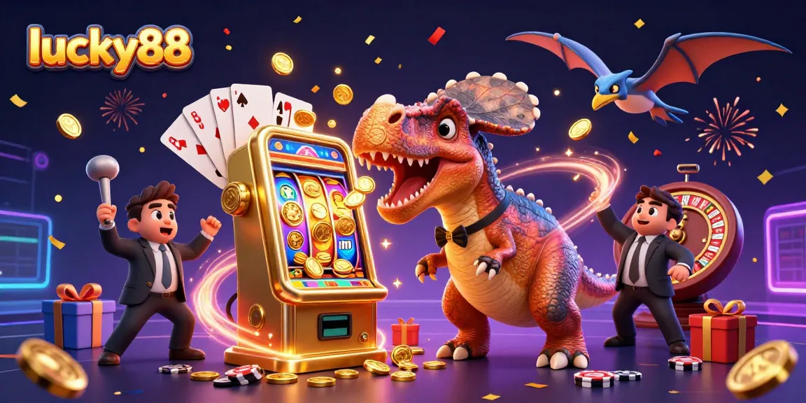 Experience thrilling gaming with lucky88 as the pachycephalosaurus wins coins from a golden slot machine!