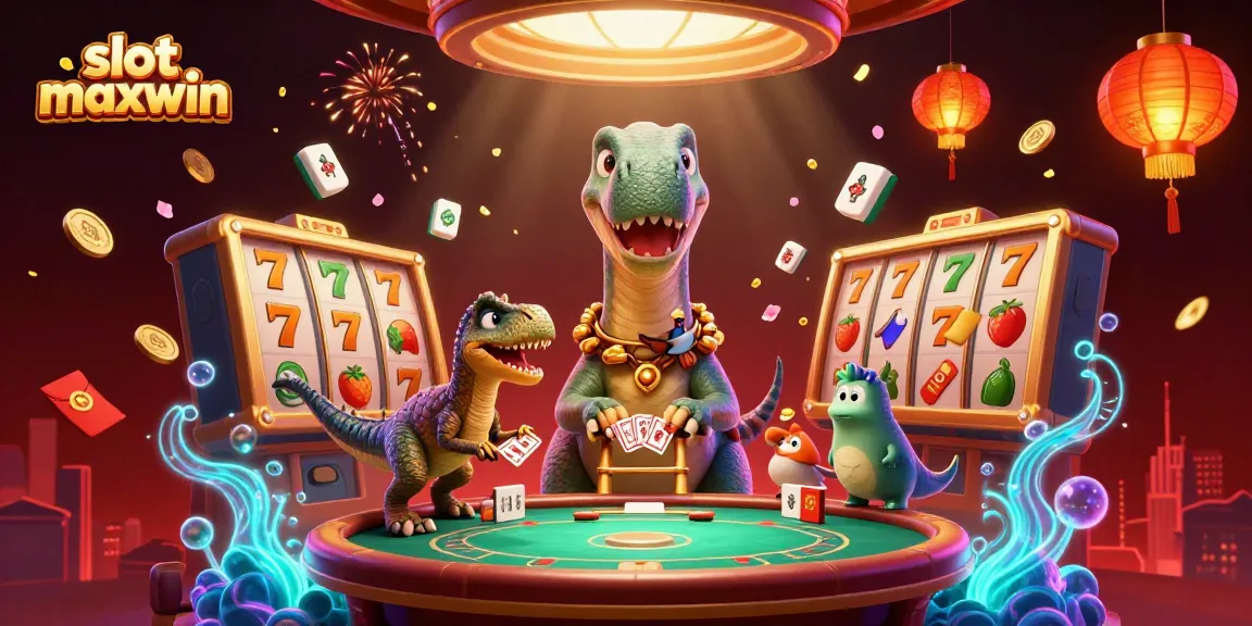 Engage with slot maxwin visuals showcasing a whimsical scene of a brontosaurus in a casino, dealing cards.