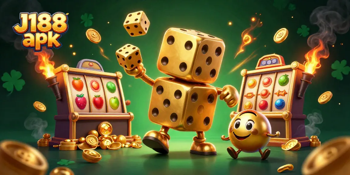 Engage with J188 apk through a captivating 3D casino illustration showcasing dynamic golden dice and slot gaming elements.
