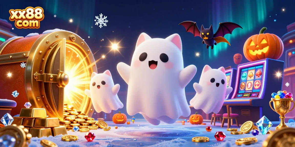 Experience exciting gaming moments at xx88 com with a friendly ghost cat and vampire bat in this vibrant casino illustration.