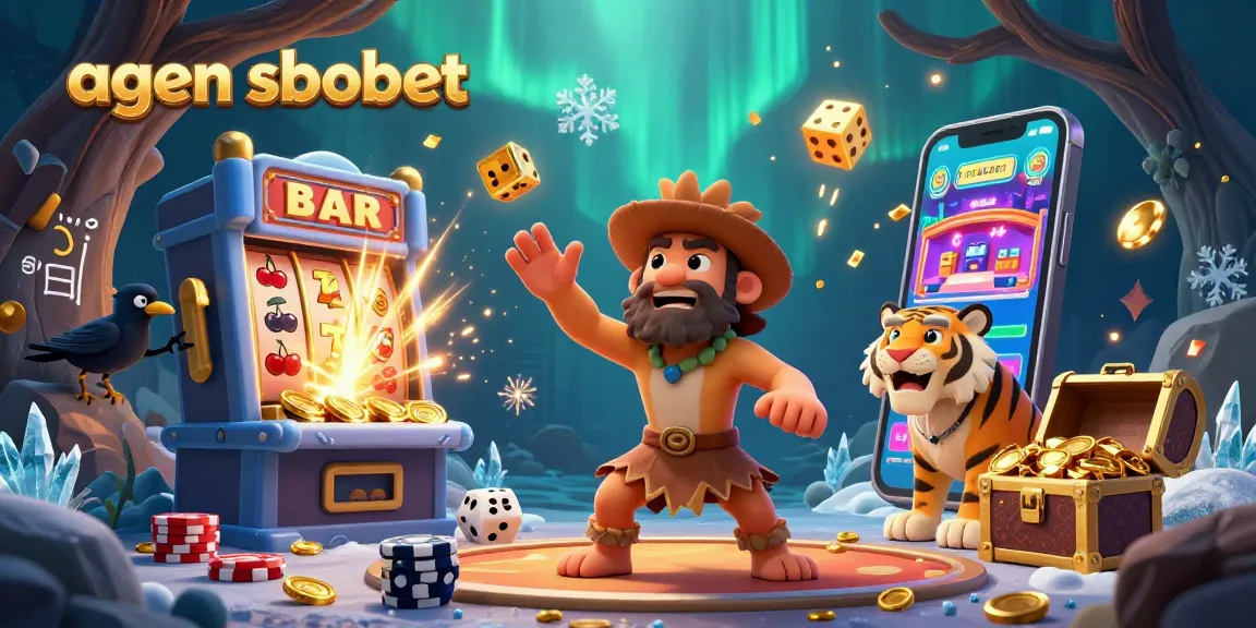 Spin and win at agen sbobet with a lively prehistoric casino scene featuring vibrant game elements.