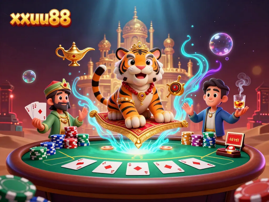 Experience the world of gambling excitement with xxuu88 featuring a 3D cartoon tiger sultan and vibrant poker elements.