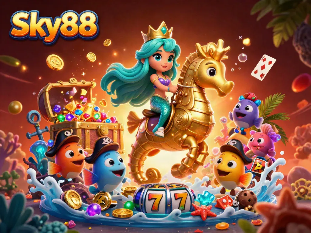 Experience thrilling gaming at Sky88 with a vibrant underwater scene featuring dynamic characters and game elements.