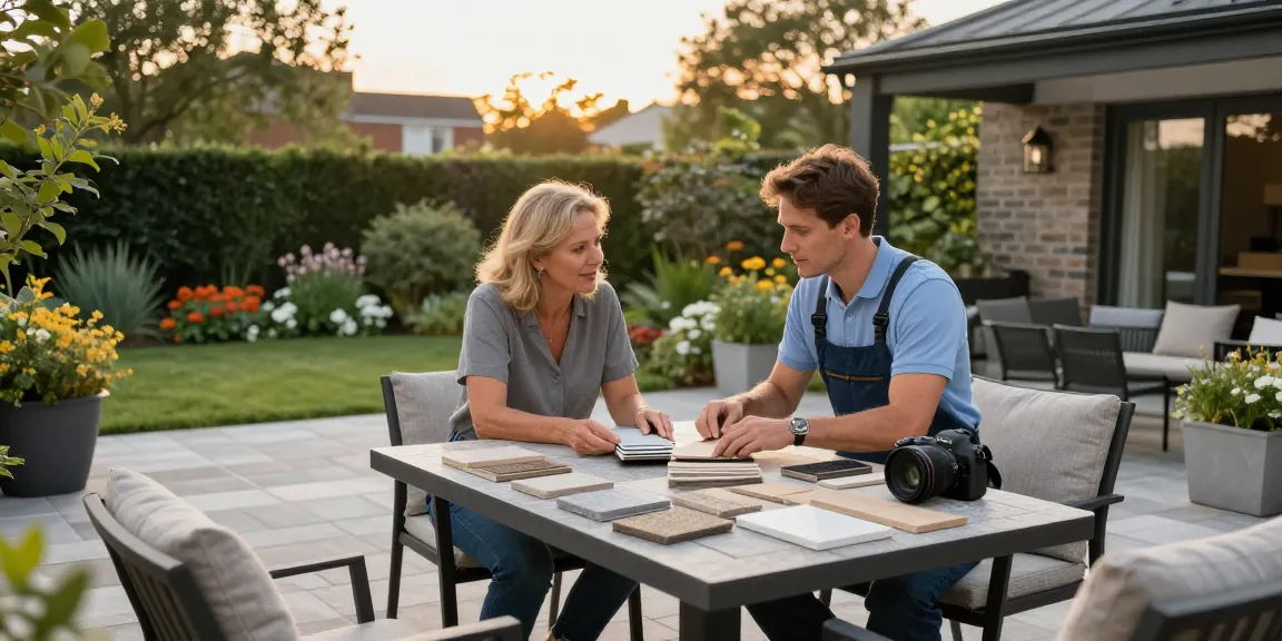 Patio contractors in Dublin discussing design options with a homeowner, showcasing paving materials in a serene outdoor setting.