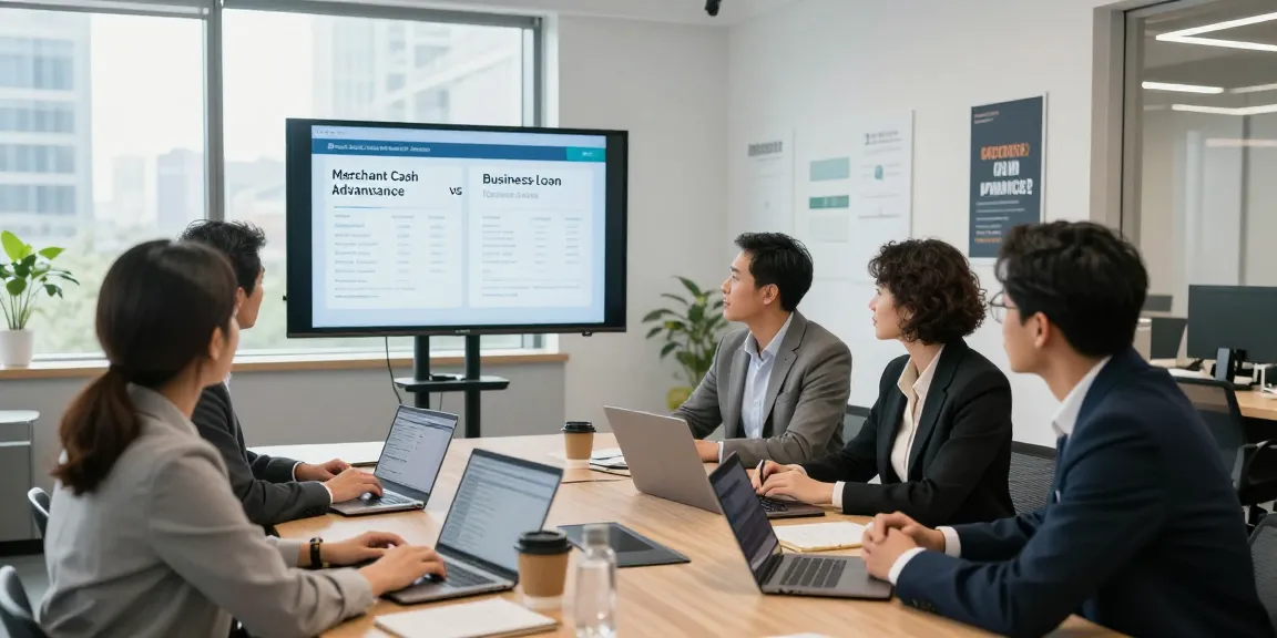 Business professionals discussing merchant cash advance vs business loan at a roundtable meeting with digital presentations and analytical data