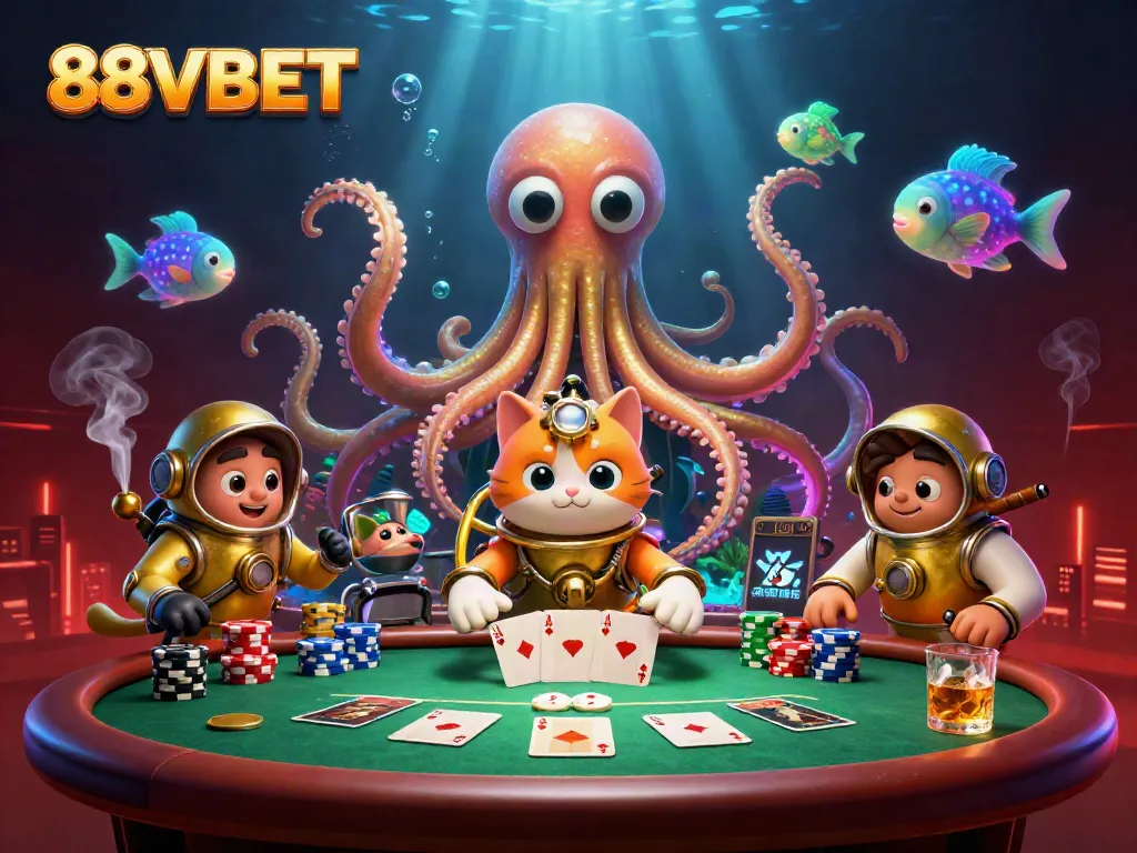 Experience the thrilling action with 88VBET as the colossal kraken and diving cat play cards in a treasure-filled ocean.