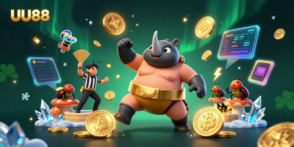UU88 engages players with thrilling casino experiences featuring animated champions and cryptocurrency elements.