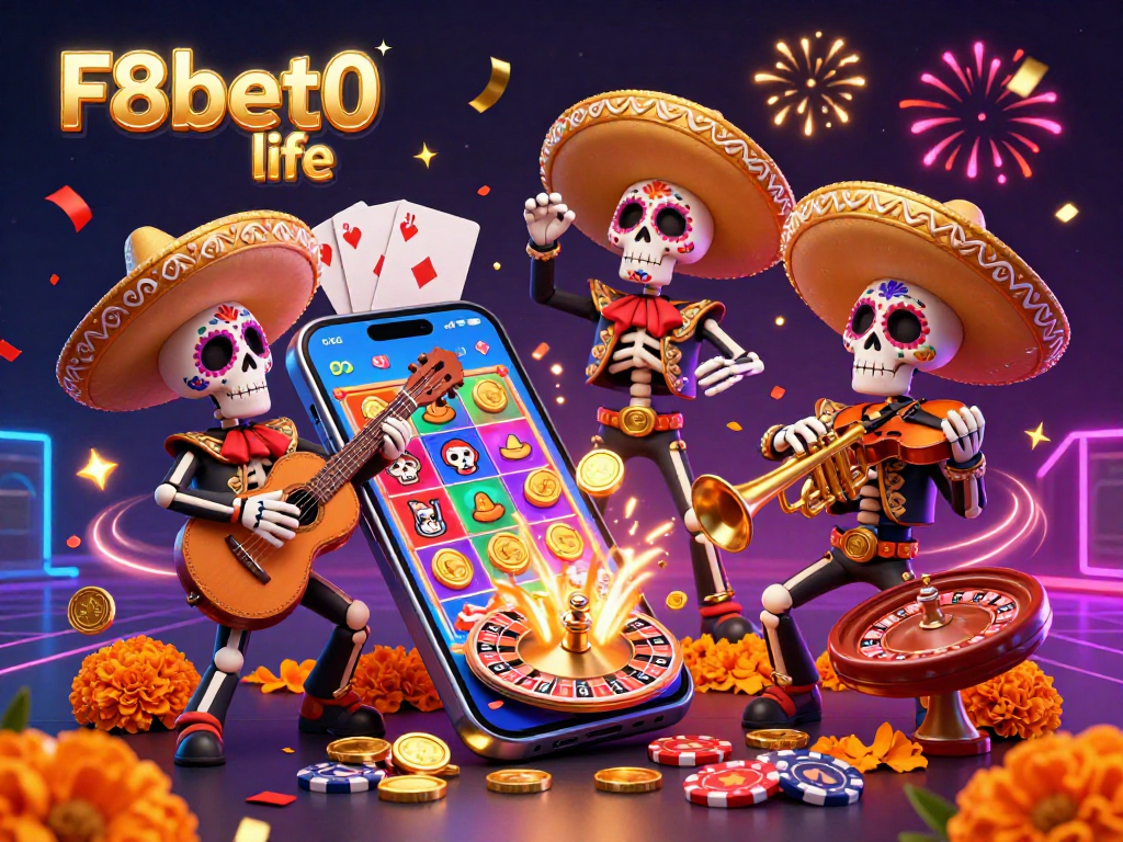 Experience F8bet0 life with a lively Dia de los Muertos mariachi band amidst colorful casino games and celebratory elements.