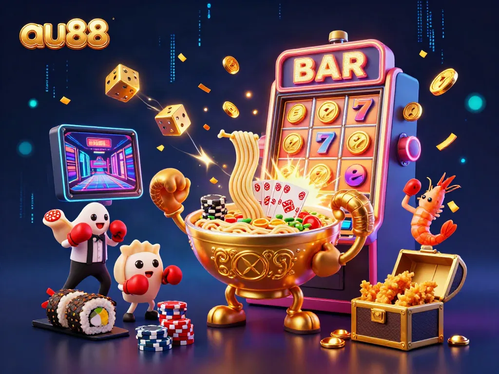 Experience vibrant casino action with au88's golden ramen bowl character, creating excitement with cards and chips.