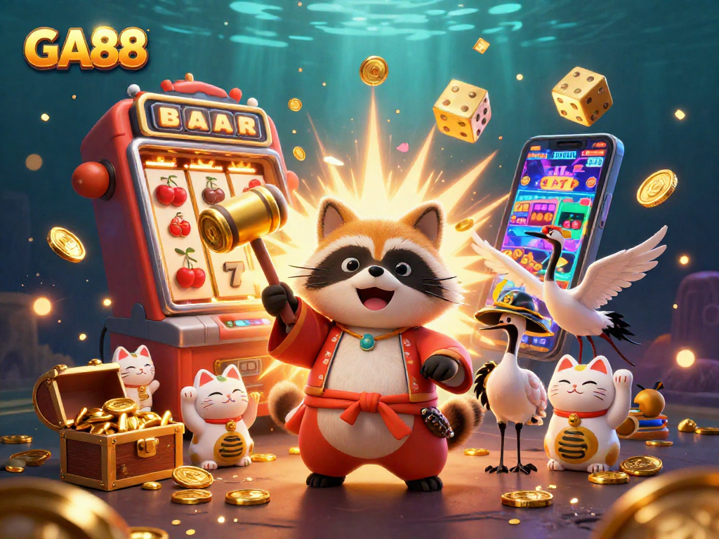 Celebrate with GA88 at this vibrant casino scene featuring a cheerful tanuki surrounded by winnings and good fortune.