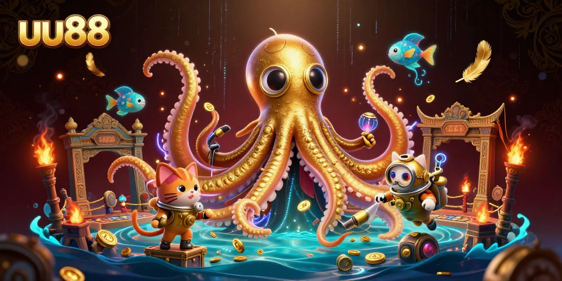 Experience the thrill of uu88 casino games with immersive 3D artwork of kraken, diving cat, and shimmering treasures.