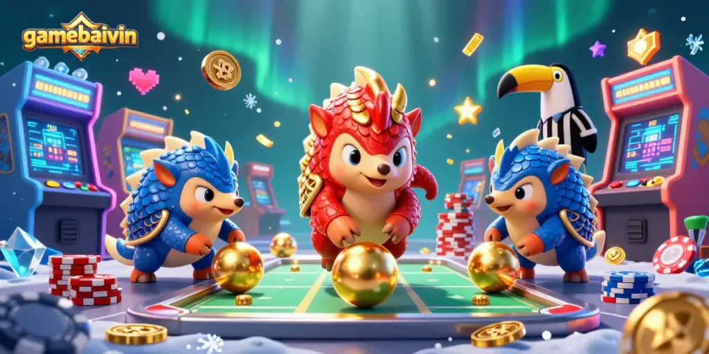 Engage with gamebaivin as rival pangolins compete in a vibrant casino-themed 3D scene.