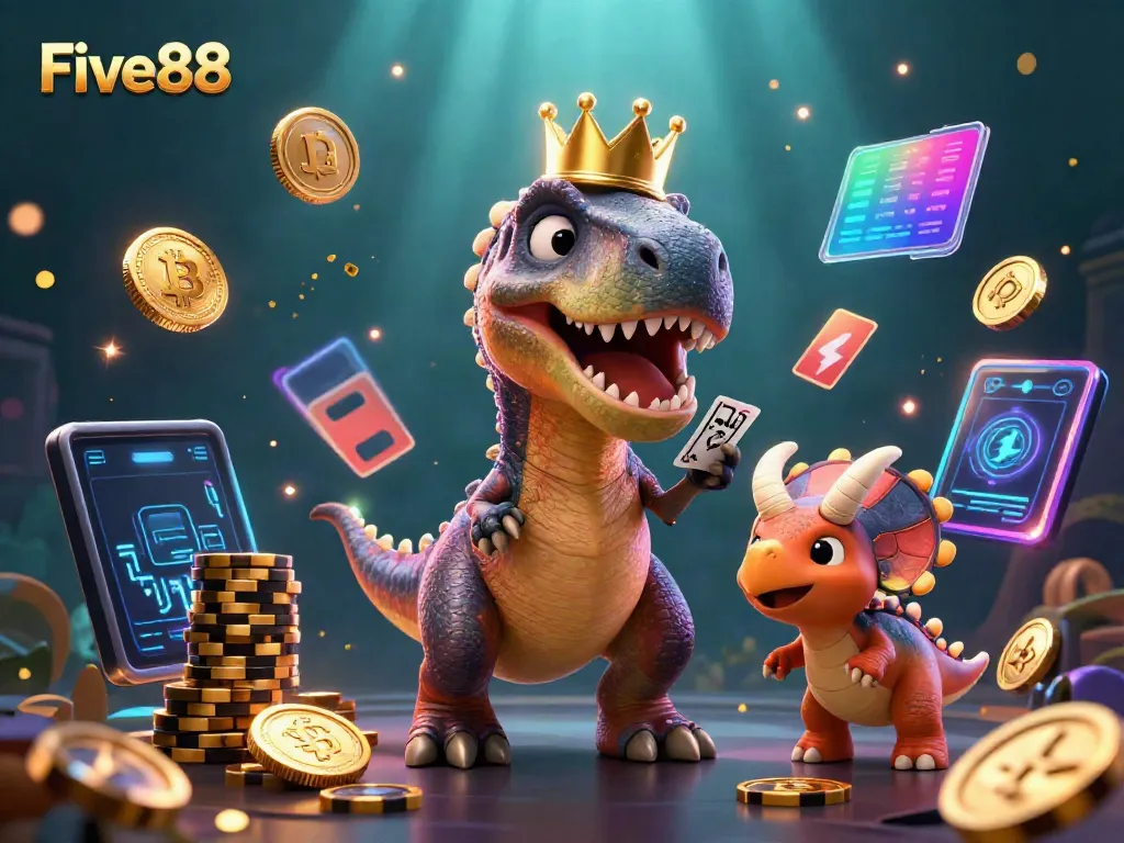 Engaging Five88 illustration depicting a T-Rex shuffled cards while a triceratops stacks chips amid vibrant casino elements.