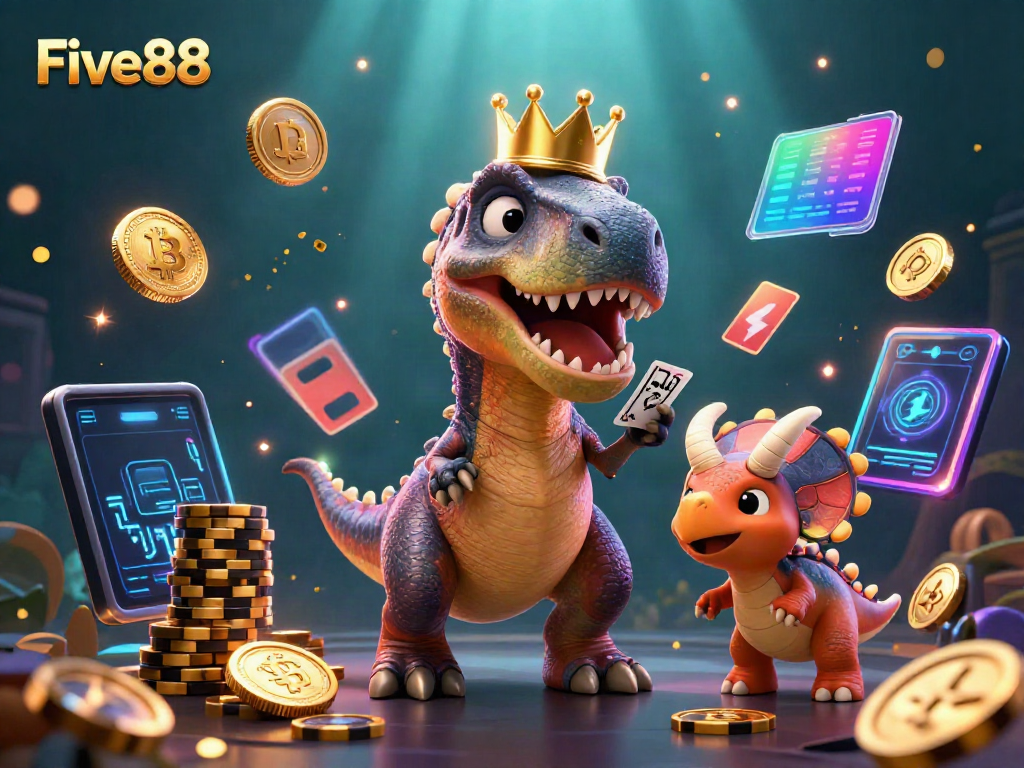 Engaging Five88 illustration depicting a T-Rex shuffled cards while a triceratops stacks chips amid vibrant casino elements.