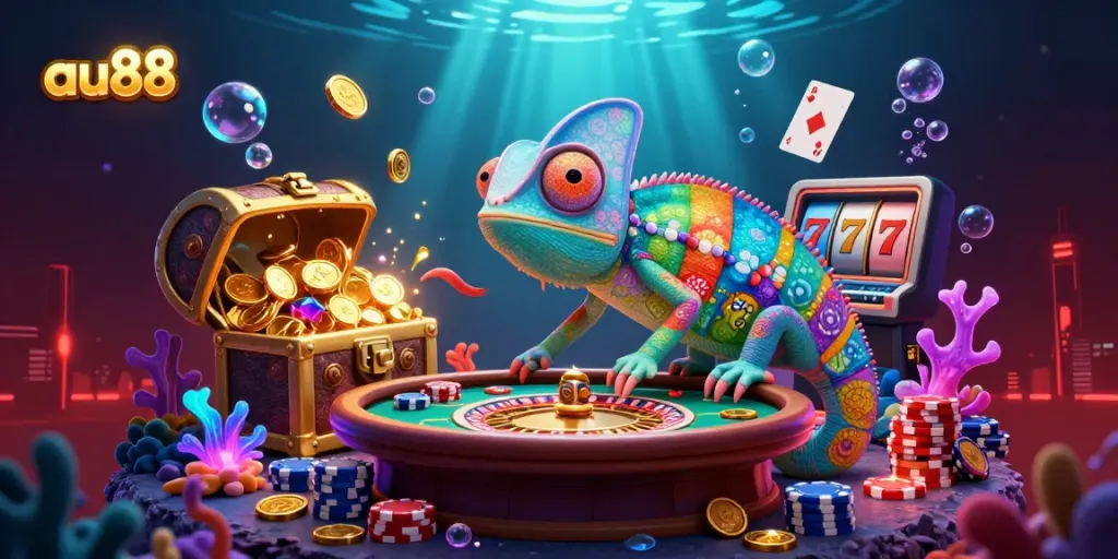 Experience exciting gameplay with au88, where a colorful chameleon owner manages a vibrant casino.