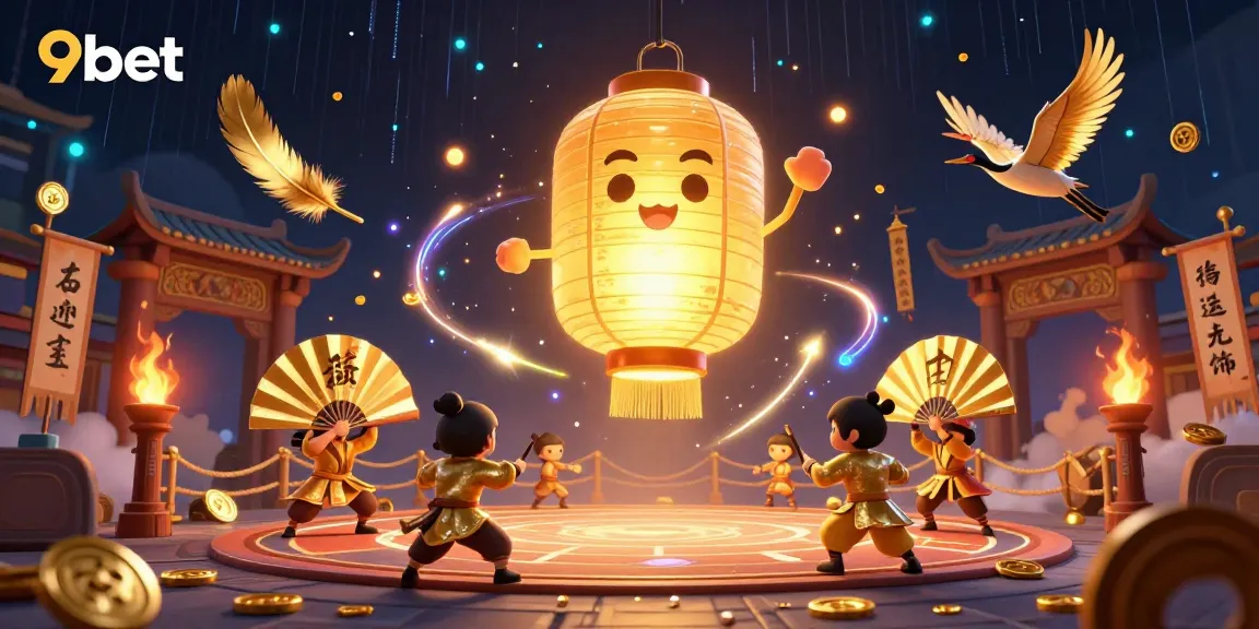 Experience thrilling action at 9bet with the giant lantern spirit and warriors amidst a vibrant casino scene.