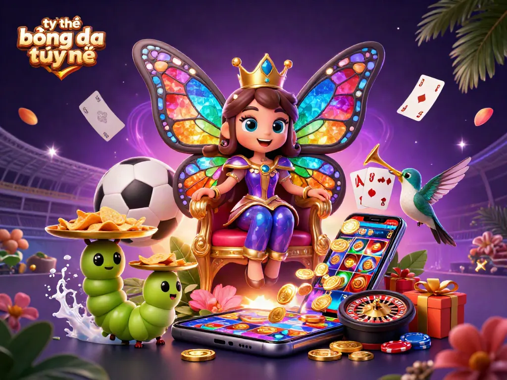 Betting on tỷ lệ bóng đá trực tuyến with colorful sports elements and festive 3D characters.