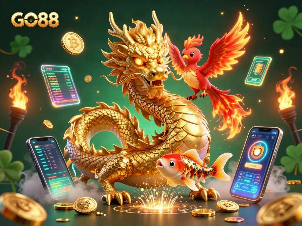 Engage with GO88's thrilling gaming experience amid a vibrant casino illustration of a dragon, phoenix, and coins.