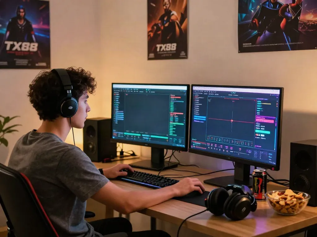 Engaged gamer at home office using tx88com platform for online betting.