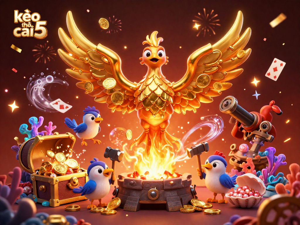 Engage with kèo nhà cái 5 featuring a molten golden phoenix amidst a vibrant gambling celebration scene.