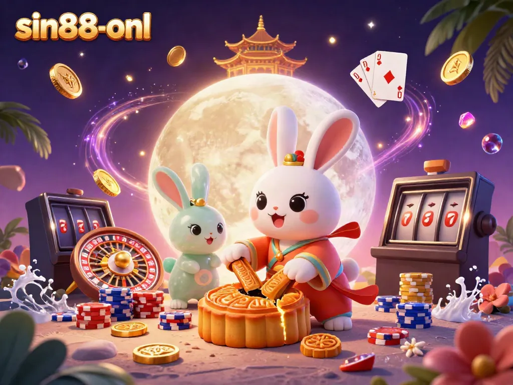 Engage with sin88-onl and win big with the enchanting moon rabbit in a vibrant casino illustration.