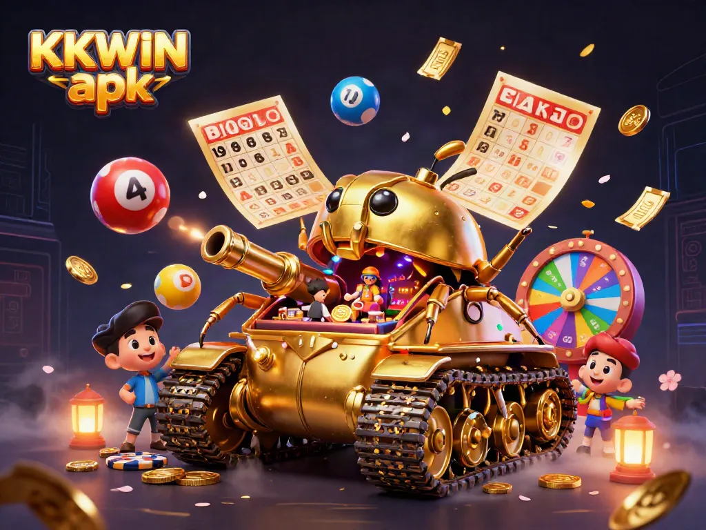 Experience the thrill of KKWIN apk with a vibrant, 3D illustration of a golden beetle tank housing a miniature casino.