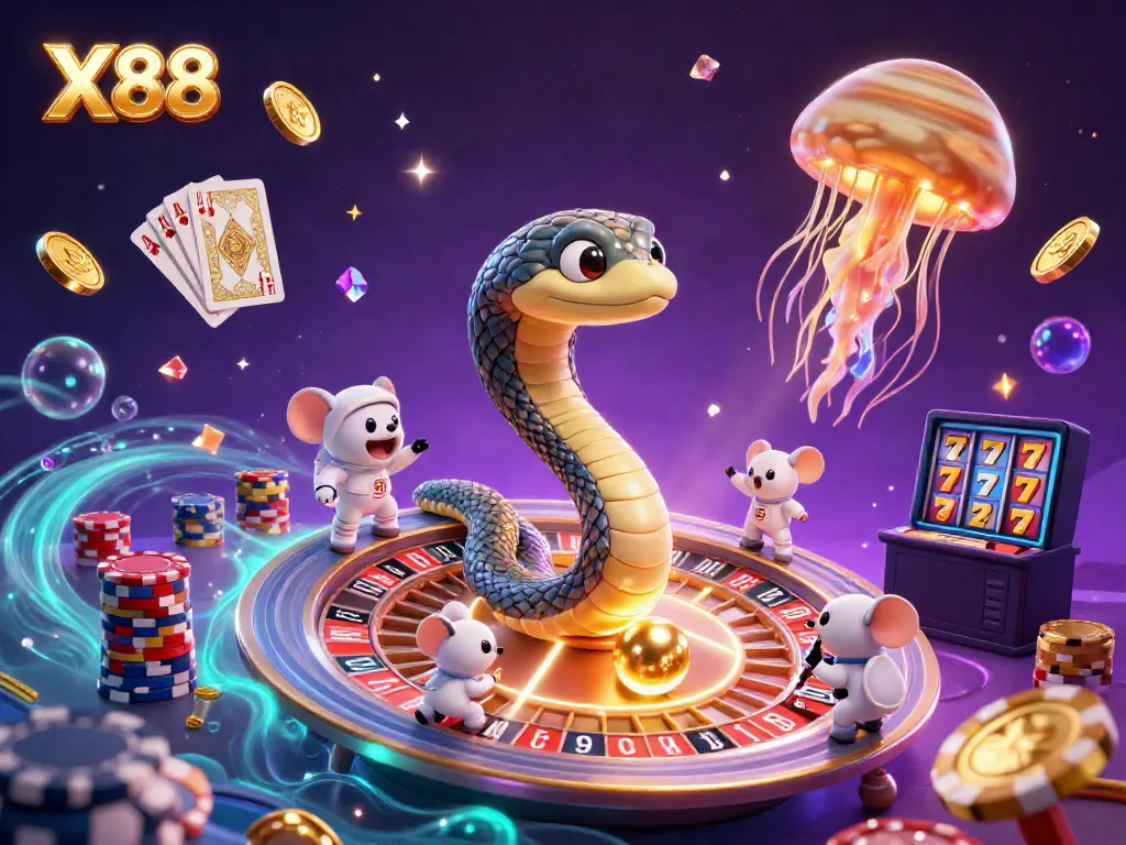 X88 offers a vibrant casino experience with astronaut mice betting on a cosmic roulette wheel.